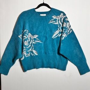 Calligraphie Warm Soft Fuzzy Drop Dolman Sleeve Sweater Turquoise Large